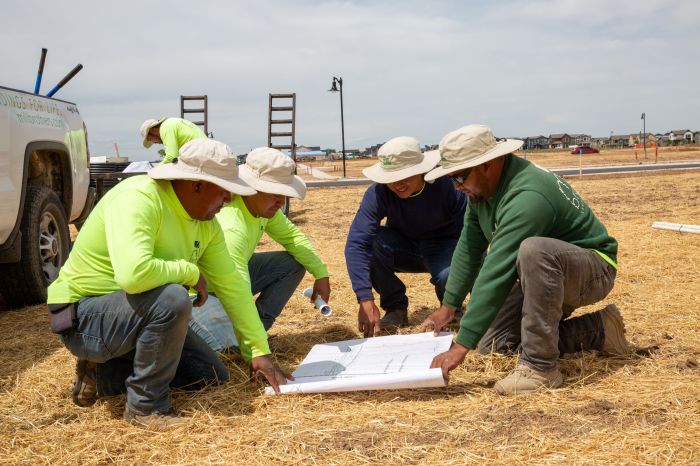 El equipo de paisajismo comercial de Mill Brothers revisa los planos de construcción sobre el terreno